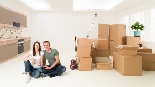 Moving boxes prepared for a Brent household