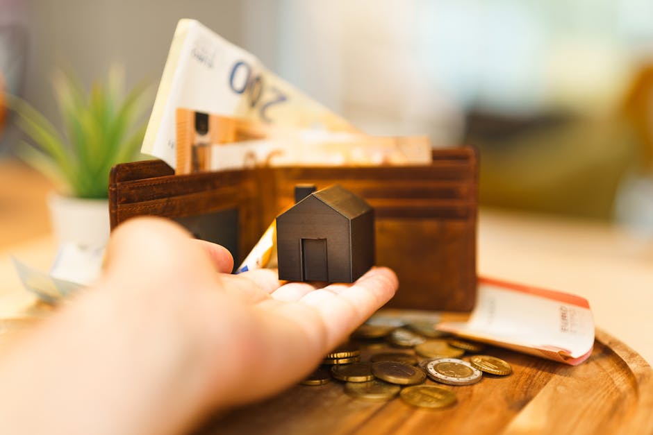 A close-up view of a person's hand resting on a wooden surface in a home environment, with a brown leather wallet open in the background containing several euro banknotes. In front of the wallet, there is a small black house-shaped keycap, and scattered around are various coins. To the left, a small potted plant with green leaves is visible. This scene depicts elements related to managing finances during a home relocation, with the wallet and money highlighting budgeting and costs associated with house removals. The setting appears well-lit with a blurred background, emphasizing the objects on the wooden surface, aligned with the context of packing, moving logistics, and financial planning for house removals, as referenced on the page about removals cost guide Brent NW10 Willesden prices explained by Man With a Van Brent.